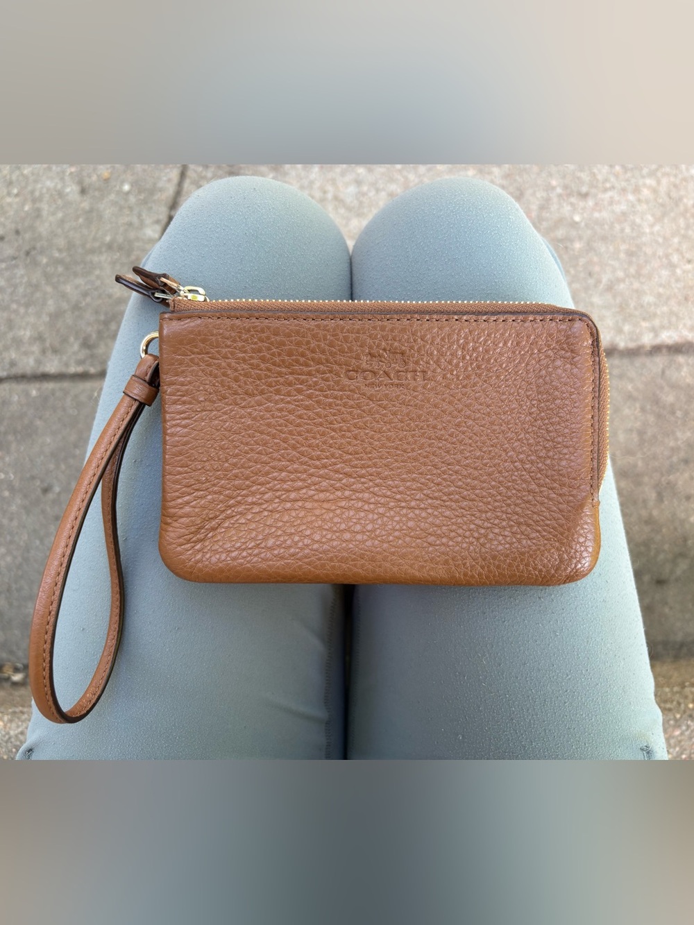Coach Pebbled Leather Double Zipper Wristlet in Brown
